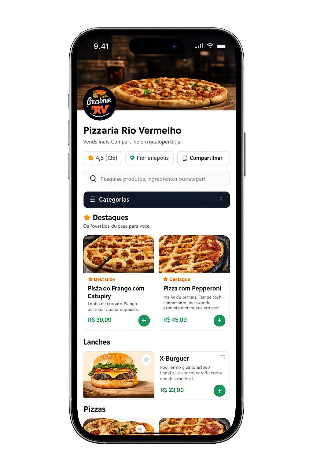 Cardápio digital do Rima Food exibido em um celular